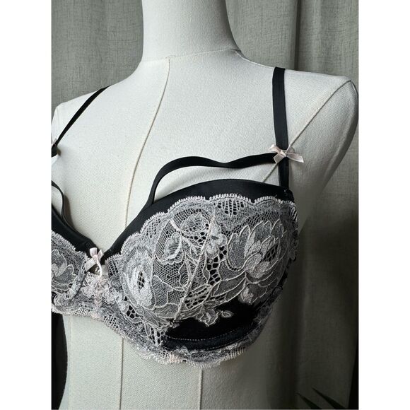 Victorias Secret Dream Angel Lined Demi Push Up Bra Black Lace Bow Underwire 34C - Picture 2 of 5